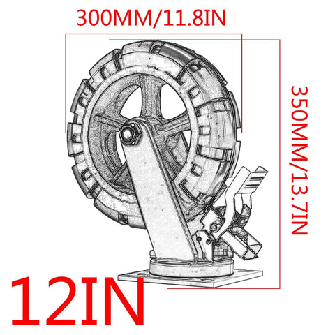 4 Pack Heavy Hitter Industrial Casters Featuring Dense Rubber Swivel Wheels Securely Mounted On Thick Steel Brackets - 12 inch caster wheel dimensions.