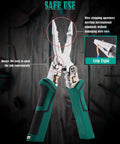 8 In 1 wire stripper tool with voltage tester, showing pliers and grip features for safe use, designed for 10-18 AWG wire.