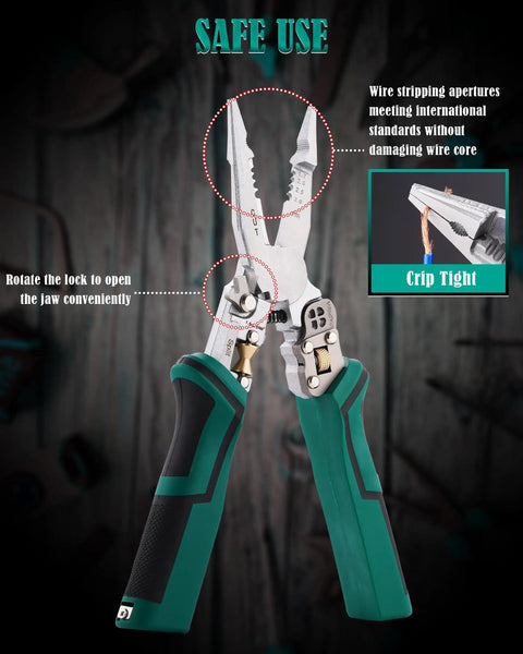 8 In 1 wire stripper tool with voltage tester, showing pliers and grip features for safe use, designed for 10-18 AWG wire.