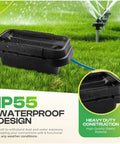 Outdoor Waterproof Electrical Box For Small Cords And Power Strips With Six Cable Entries All Weather Extension Cord Cover For Plugs Timers And Lights Durable Black Outdoor Enclosure For Patios And Yards in grassy area with sprinkler.