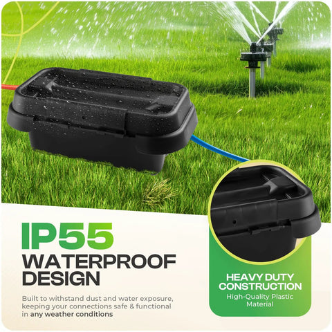 Outdoor Waterproof Electrical Box For Small Cords And Power Strips With Six Cable Entries All Weather Extension Cord Cover For Plugs Timers And Lights Durable Black Outdoor Enclosure For Patios And Yards in grassy area with sprinkler.
