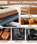 Top Shelf Leather And Vinyl Repair Kit Featuring Large Patches For Couches And Upholstery Sets, shown on couch, pillow, car interior, office chair, motorcycle seat.