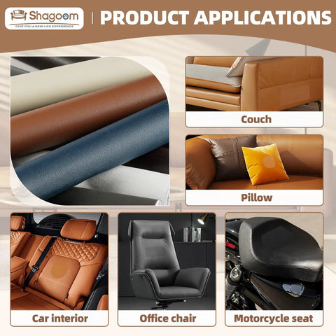 Top Shelf Leather And Vinyl Repair Kit Featuring Large Patches For Couches And Upholstery Sets, shown on couch, pillow, car interior, office chair, motorcycle seat.