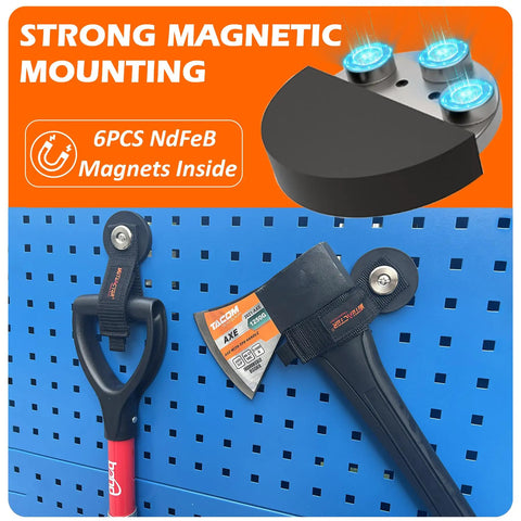 Two Pack Heavy Duty Magnetic Hooks With Rubber Coated Magnets holding tools on blue pegboard for garage and workshop storage.