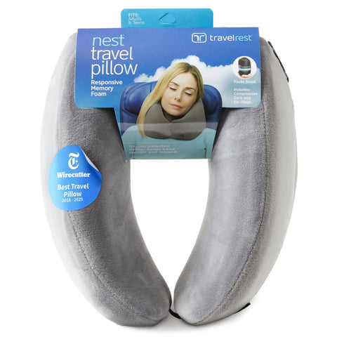 Nest Neck Support Pillow For Travel Memory Foam Travel Pillow For Long Flights Compact Washable in gray packaging on display