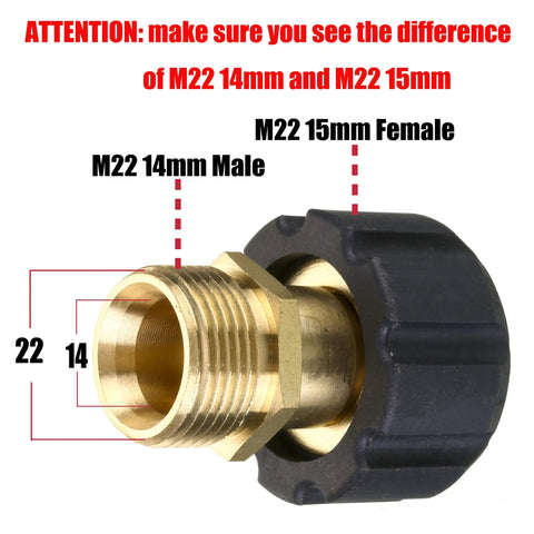 Pressure Washer Adapter M22 15mm Female To M22 14mm Male Fitting 4500 PSI Metric Quick Connect with labeled dimensions