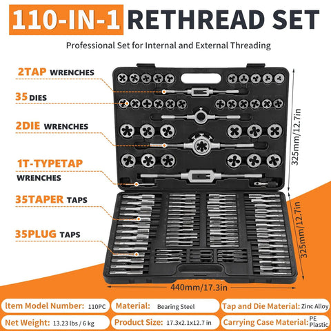 Go-To All-In-One Tap And Die Set For Cutting External And Internal Threads Bearing Steel Rethreading Tool Kit with case