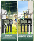 4 Zone Brass Sprinkler Timer with Rain Delay and Manual Mode showing child lock feature on digital display, two faucets