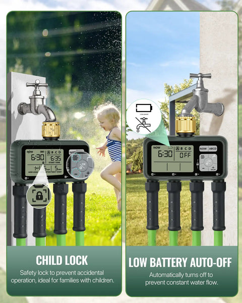 4 Zone Brass Sprinkler Timer with Rain Delay and Manual Mode showing child lock feature on digital display, two faucets