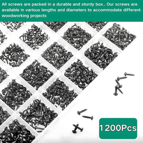 1200 Pcs Black Phillips Truss Head Self Tapping Screws Set M1.2 To M2.3 in a clear organized box for electronics repair.