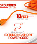 Orange Indoor Outdoor Extension Cord 18 Feet With 1 Outlet 3 Prong 16 Gauge Heavy Duty UL Approved Power Cable