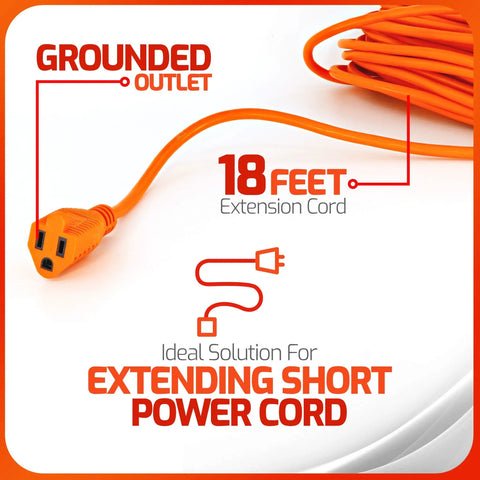 Orange Indoor Outdoor Extension Cord 18 Feet With 1 Outlet 3 Prong 16 Gauge Heavy Duty UL Approved Power Cable