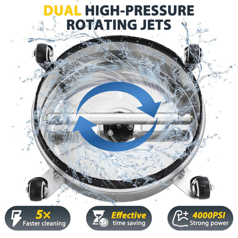 14 Inch Pressure Washer Surface Cleaner With Four Wheels And Quick Plug Stainless Steel Housing 4000 PSI Heavy Duty Attachment For Driveways Patios Sidewalks And Decks Made To Clean Big Messes Fast showing dual high-pressure rotating jets and water splash.