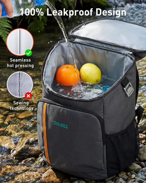 Insulated Leakproof Cooler Backpack for Everyday Adventures filled with water and fruits, demonstrating waterproof design.