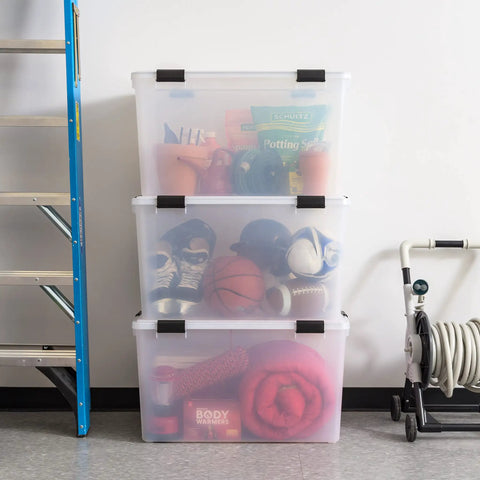 Knockout Three Pack Large Capacity Storage Bins With Weather Tight Gasket Lids And Super Heavy Duty Clear Plastic Build For Bulletproof Home Organization