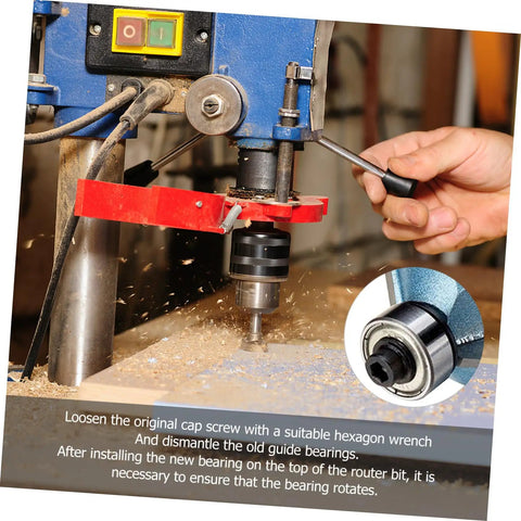Using Top Mounted Ball Bearing Router Bit Guide Kit with wrench for woodworking and milling, 12-piece bearings accessory set.