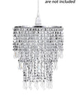 Three Tier Beads Pendant Shade Chandelier with Acrylic Jewel Droplets and Chrome Silver Frame Beaded Lampshade for Ceiling Light