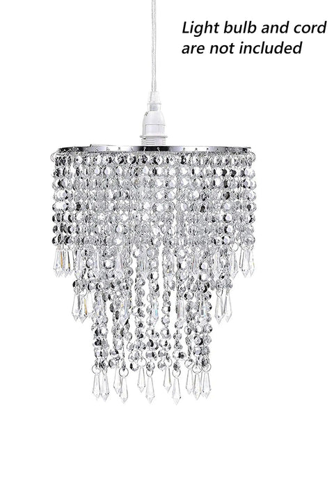 Three Tier Beads Pendant Shade Chandelier with Acrylic Jewel Droplets and Chrome Silver Frame Beaded Lampshade for Ceiling Light