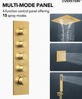 Premium 20 Inch Bathroom Shower System With Built In Bluetooth Speaker And 64 Color Led Mood Lights Brushed Gold control panel with spray modes