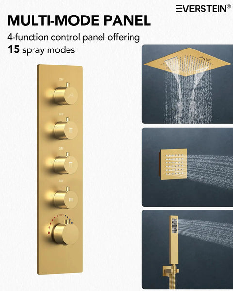 Premium 20 Inch Bathroom Shower System With Built In Bluetooth Speaker And 64 Color Led Mood Lights Brushed Gold control panel with spray modes