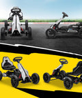 12V Electric Go Kart For Kids With Forward And Backward Drive, Adjustable Speed, Smooth All Terrain EVA Wheels, Ideal Gift For Ages 3 To 8, White, showcasing front and side views on pavement and yellow background.