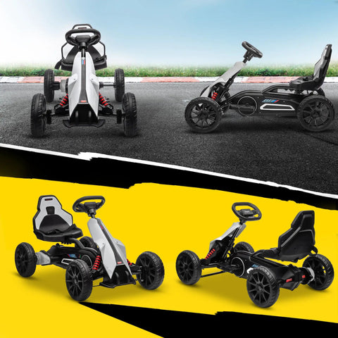 12V Electric Go Kart For Kids With Forward And Backward Drive, Adjustable Speed, Smooth All Terrain EVA Wheels, Ideal Gift For Ages 3 To 8, White, showcasing front and side views on pavement and yellow background.