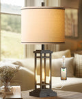 Set Of 2 Dope Farmhouse Table Lamps With USB Ports And Charge Jacks, beige metal base, off white oatmeal shade, living room setup