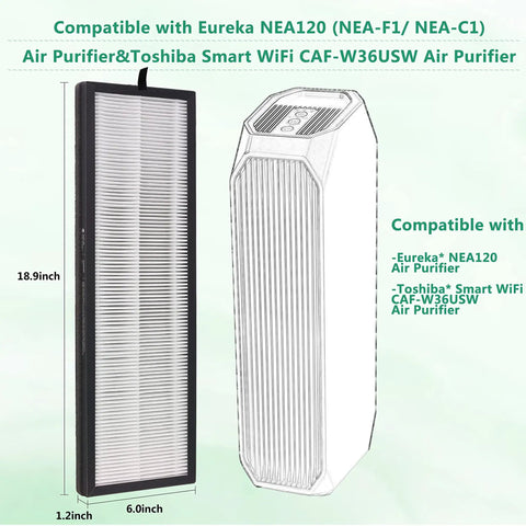 Two Pack True HEPA Filter For Instant Clear NEA120 And Toshiba Smart WiFi Air Purifiers shown next to compatible purifiers.