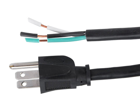 Heavy Duty 6 Ft Replacement Power Cord 14 3 AWG SJTW Cable With Grounded NEMA 5 15 Plug For Power Tools And Home Appliances 15A 125V 1875W Durable Flexible Safe Easy Install, showing plug and exposed wires.