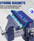Six Inch Magnetic Vise Jaw Pads With TPU Soft Grips, Dual Sided V Groove And Flat Surface installed on metal bench clamp