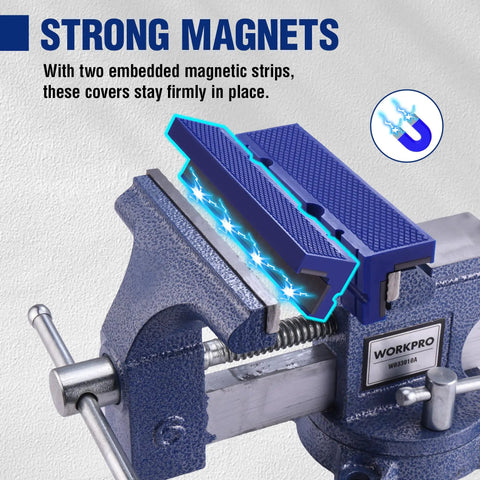 Six Inch Magnetic Vise Jaw Pads With TPU Soft Grips, Dual Sided V Groove And Flat Surface installed on metal bench clamp