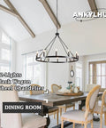 Dining room with Wagon Wheel Farmhouse Chandelier In Black And Wood, 6 Light Rustic Industrial Pendant Light Fixture above table