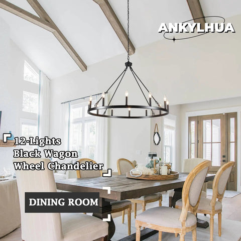 Dining room with Wagon Wheel Farmhouse Chandelier In Black And Wood, 6 Light Rustic Industrial Pendant Light Fixture above table