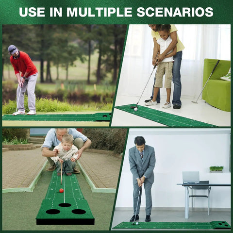 Indoor Golf Putting Green Game Set With Metal Putter And Balls, 8.5 Ft Velvet Track Three Hole Putt Mat in various scenarios