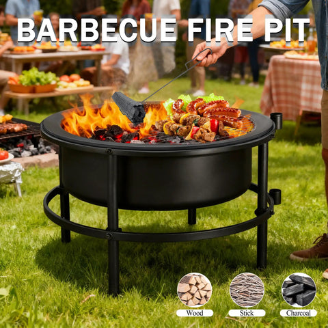 52 Inch Outdoor Wood Burning Fire Pit Table Combo With 28 Inch Bowl And 26 Inch Rotating Table for BBQ and Dining