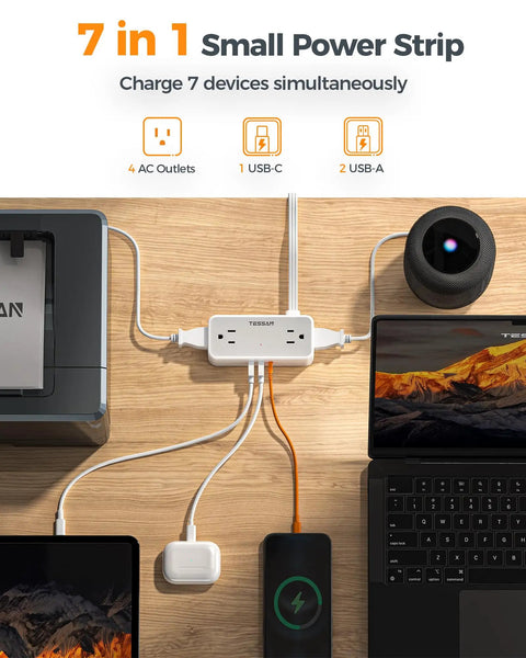 Premium 5 Ft Extension Cord Power Strip With Hella Good 900 Joule Surge Protection Flat Plug Head Four Ac Outlets Plus Usb Ports Charges Seven Devices Simultaneously Smooth Setup For Any Room on a wooden desk.