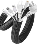 Flexible black cable cover with USB and power cords inside, 2 Pack 5 Foot Cable Sleeve For Desk Cord Management And Wire Hider Tubing