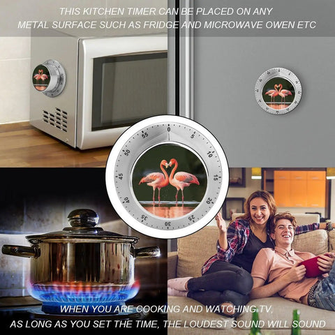 Stainless Steel Countdown Timer With Magnetic Base Featuring Pink Flamingos Kiss In The Lake Design For Kitchen And Baking