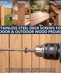 Top Shelf 10X2 Inch Stainless Steel Deck Screws 70 Piece Bucket Rust Proof Wood Fasteners With Sure Grip T25 Star Bits used in outdoor wood projects.