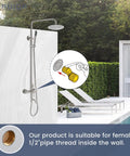 Outdoor Shower System in SUS304 Brushed Nickel, 8 Inch Rainfall Head by poolside, with wall mount tub spout and handheld spray