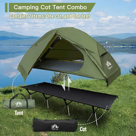 Camping Cot Tent Combo For Solo Adventures Waterproof Off Ground Bed For Adults 1 Person Ultra Portable Easy Setup Green