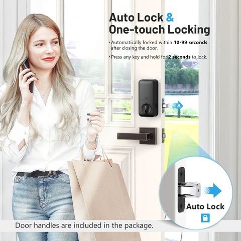Woman using Smart Fingerprint Door Lock With Keypad And Dual Handles, No Keys Needed, Keyless Entry, Auto Lock, Anti Peeping Password