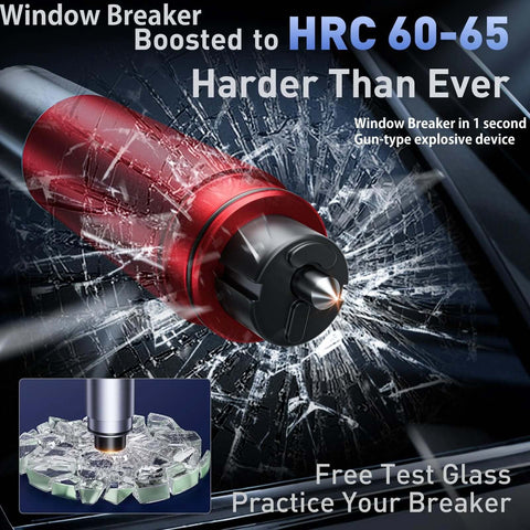 Front view of red car window breaker hammer with black tip