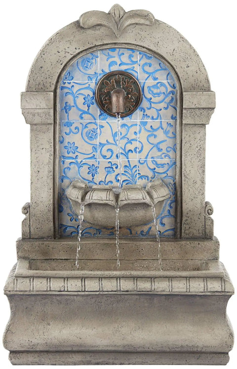 Front view of 30 1/4 Inch High Outdoor Blue Faux Stone Floor Fountain With Freestanding Waterfall, Tiered Cascading Water Feature