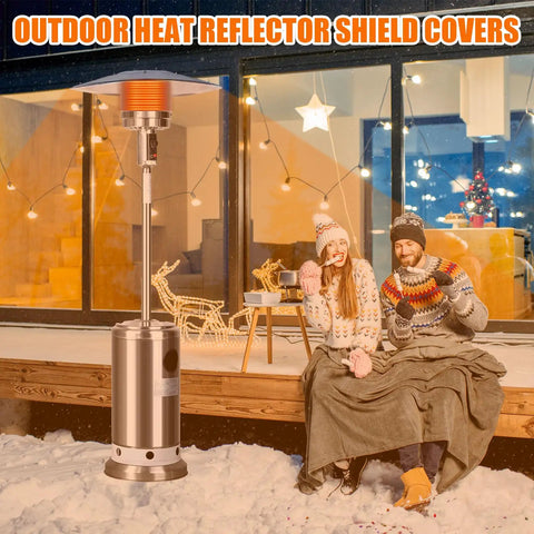Outdoor setup scene with a patio heater and couple near dome heat reflector, illustrating 2 Pack Aluminum Patio Heater Reflector Shields With Zippered Storage Bag Dome Heat Reflector 89 x 33 x 19 Inches Replacement Parts For Outdoor Propane Heaters Easy Install And Durable Design.