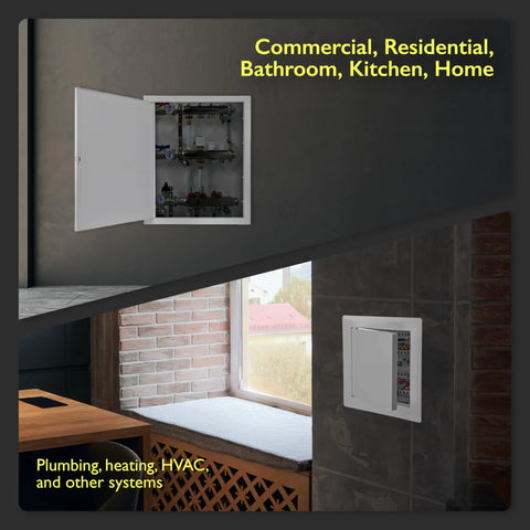 Heavy Duty Metal Wall Access Panel With Slick White Finish Flows Right Over 10 By 16 Inch Drywall Cutouts in a residential home.