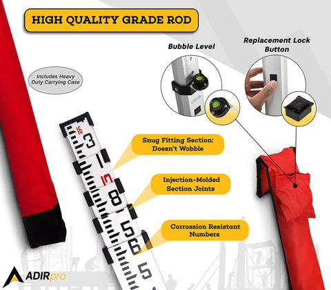 16-Foot Aluminum Grade Leveling Rod Dual-Sided 5-Section Telescopic With Bubble Level Red Foot Markings 10ths Weather-Resistant Graduations Lightweight Built Tough Construction Includes Soft Carrying Case shown with case and bubble level