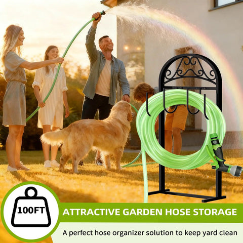 Garden Hose Holder Stand Rustproof Freestanding Heavy Duty With Beefy Metal Frame And Hanger For Outdoor Yard Storage