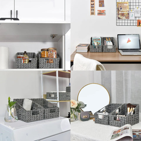 Two Pack Wicker Storage Baskets With Handles Odorless Waterproof Trapezoid Bins For Organizing Photos Books And More In Gray in use
