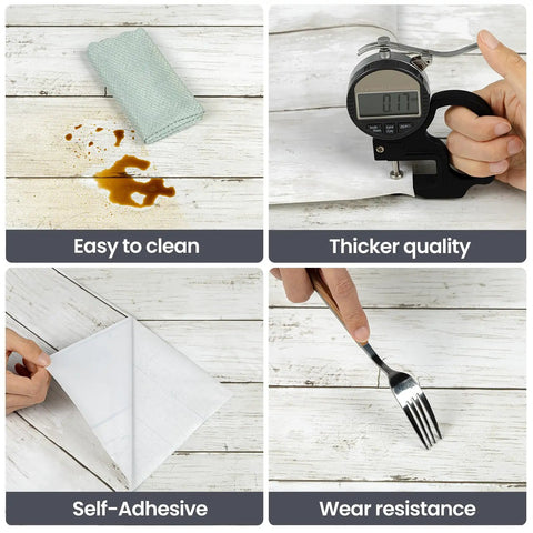 Peel And Stick White And Gray Wood Shiplap Wallpaper 17.7 By 118 Inches Self Adhesive Removable Wall Covering with cleaning, measuring, adhesive, and fork test.